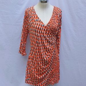 Ladies Spanner travel dress, 3/4 sleeve, M, orange brown tan, wrap neckline